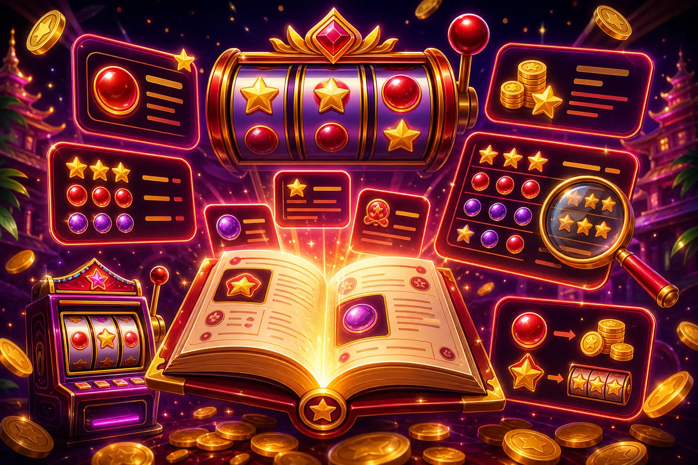 Ilustrasi kamus istilah slot Indoslot88 dengan gulungan, simbol, dan tabel bayar